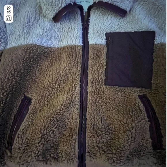 American Eagle Brown and Cream Sherpa Jacket Large Zip Up Coat Pockets Two Tone - Picture 4 of 4